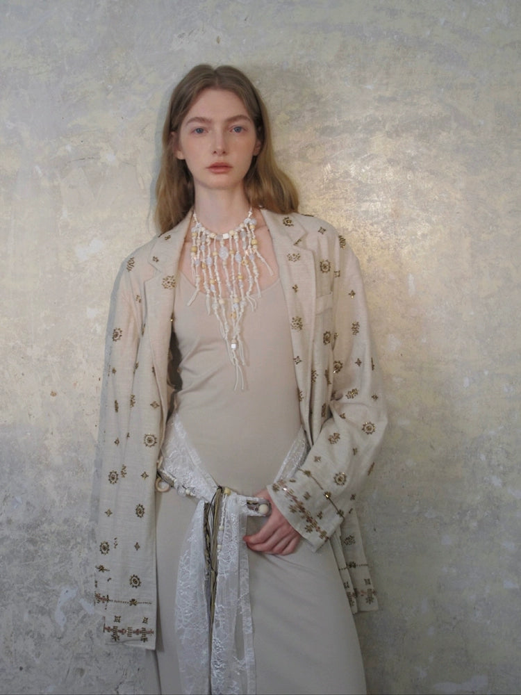 Wide-Leg Embroidered Linen Pants and Suit