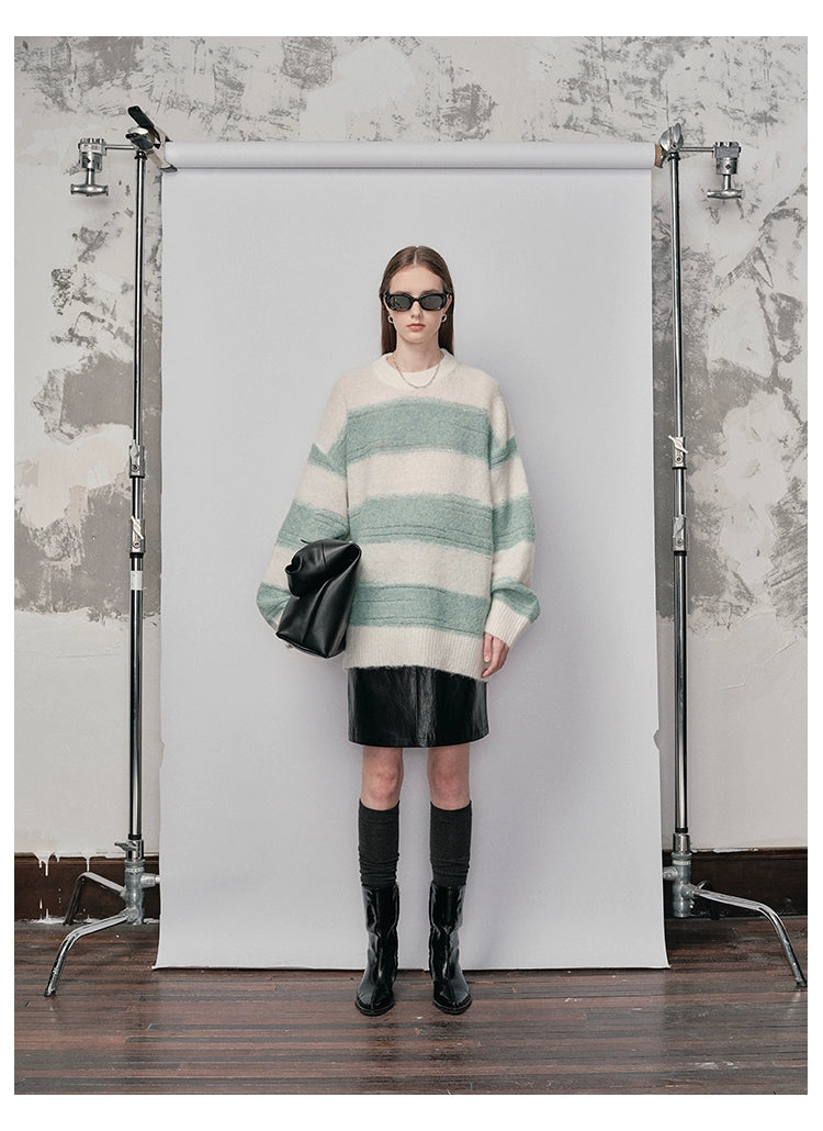 Irregular Wide-Striped Oversized Round Neck Sweater