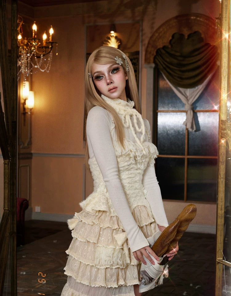 Ivory Fur-Tie Knit Peplum Top