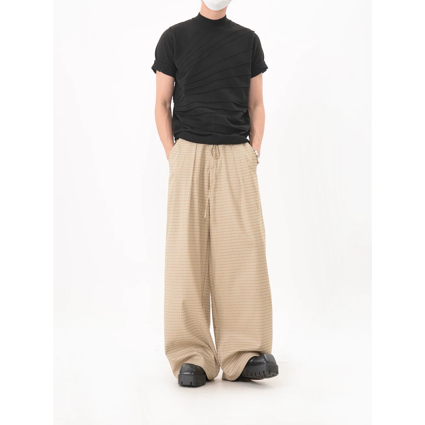 Plaid Pleated Relaxed Wide Leg Pants