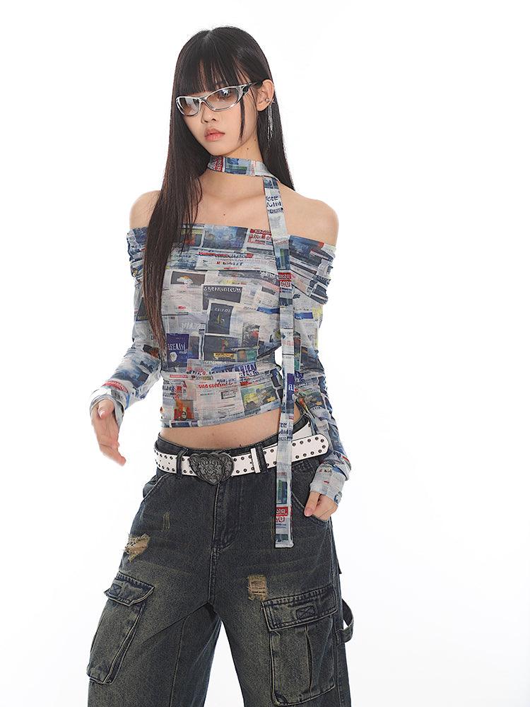 Newspaper Print Off-Shoulder Fitted Crop Top - chiclara