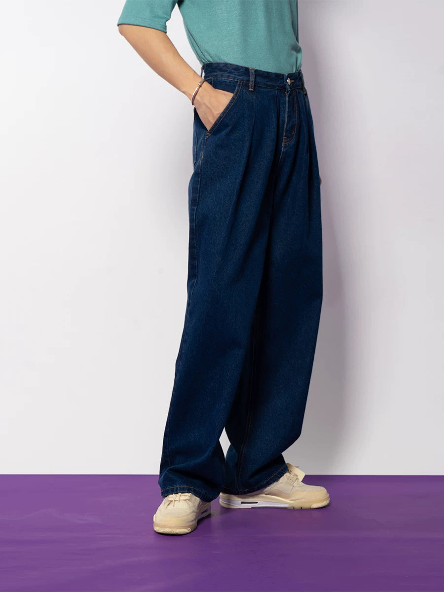 Midnight Pleat Relaxed Wide-Leg Jeans