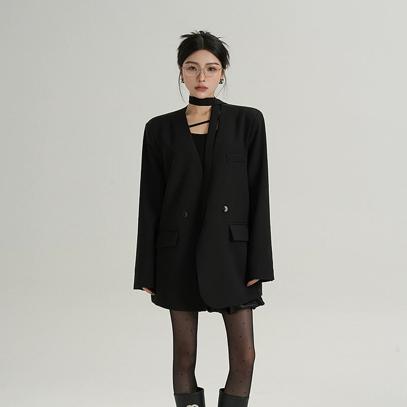 Slate Runway Scarf-Collar Blazer