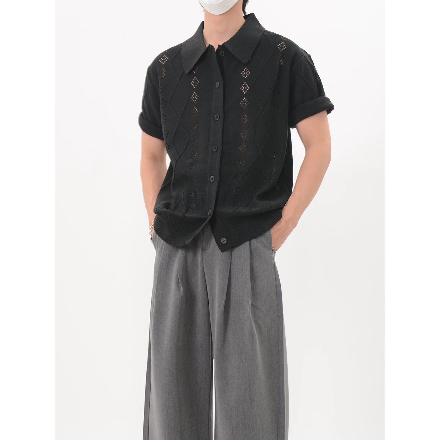 Lattice Knit Polo Cardigan