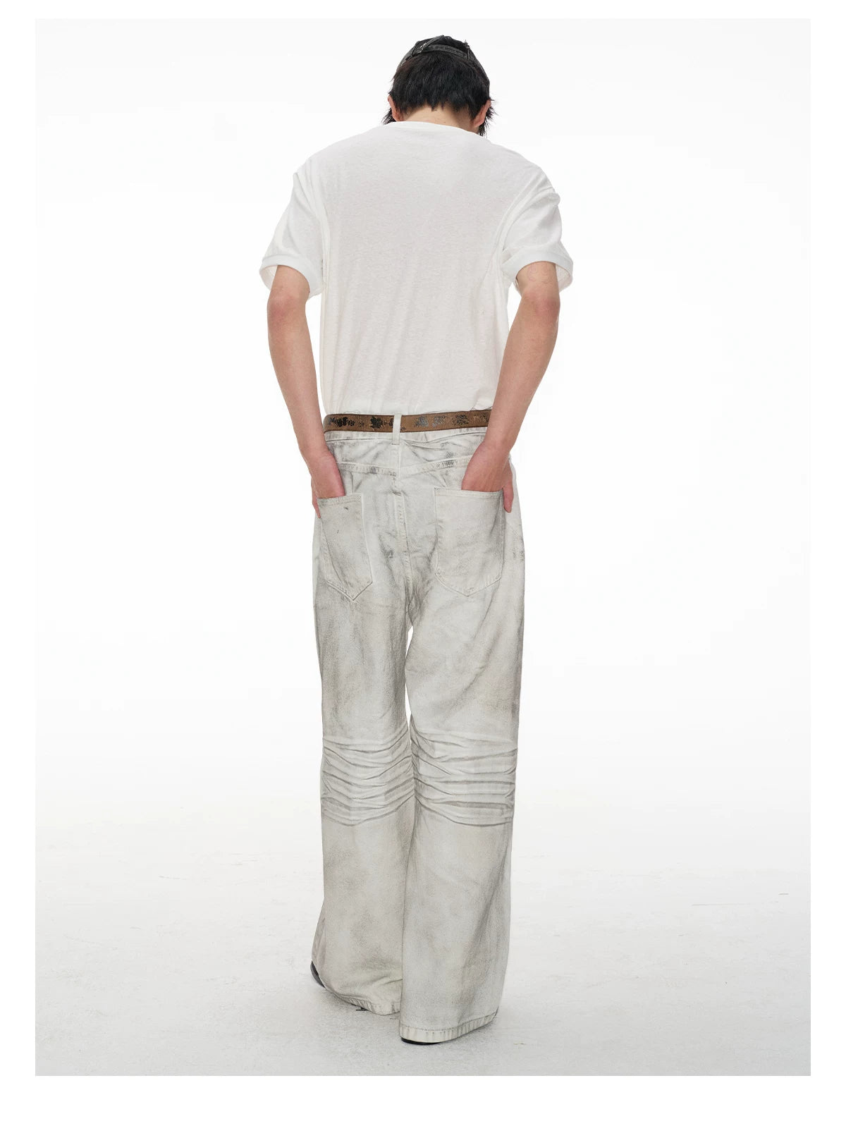 Faded White Ruched-Front Wide-Leg Jeans