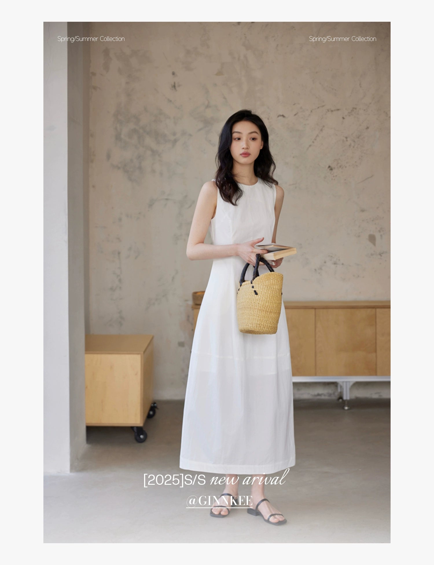 Sleeveless Maxi Dress Paired with a Woven Straw Handbag