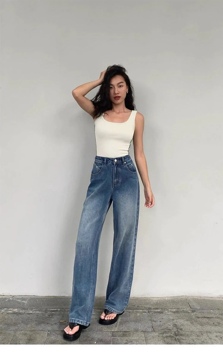 Summer Collection - Blue High-Waist Loose Wide-Leg Denim Jeans - chiclara