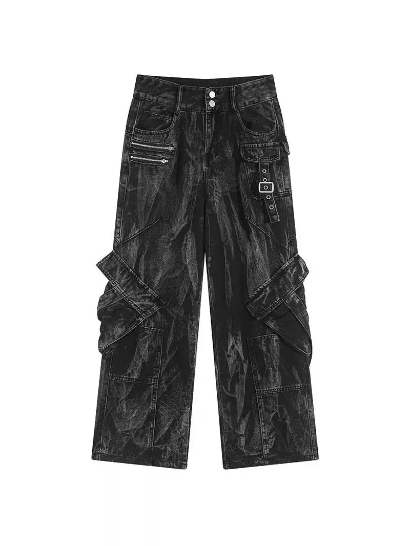 Black Acid Wash Cargo Jeans