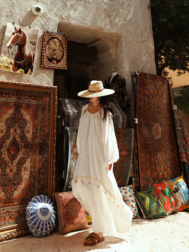 Boho White Tassel Maxi Dress