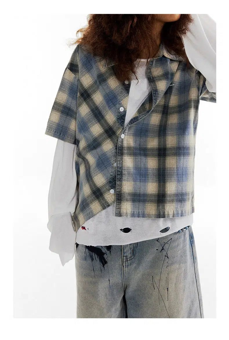 Trendy Nonparallel Plaid Buttoned Shirt - chiclara