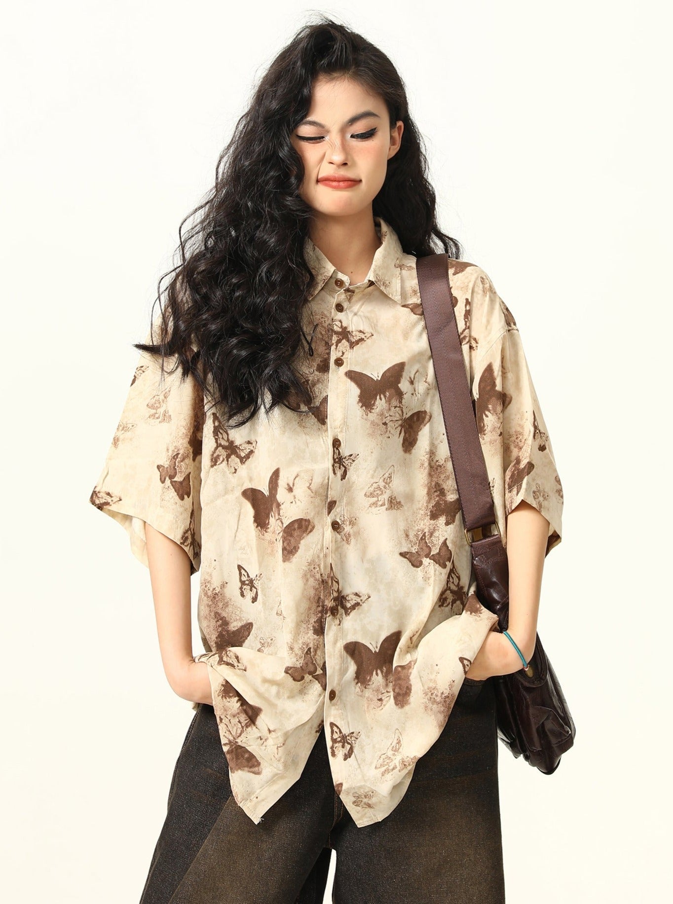 Butterfly Print Pattern Oversized Button-Down Shirt