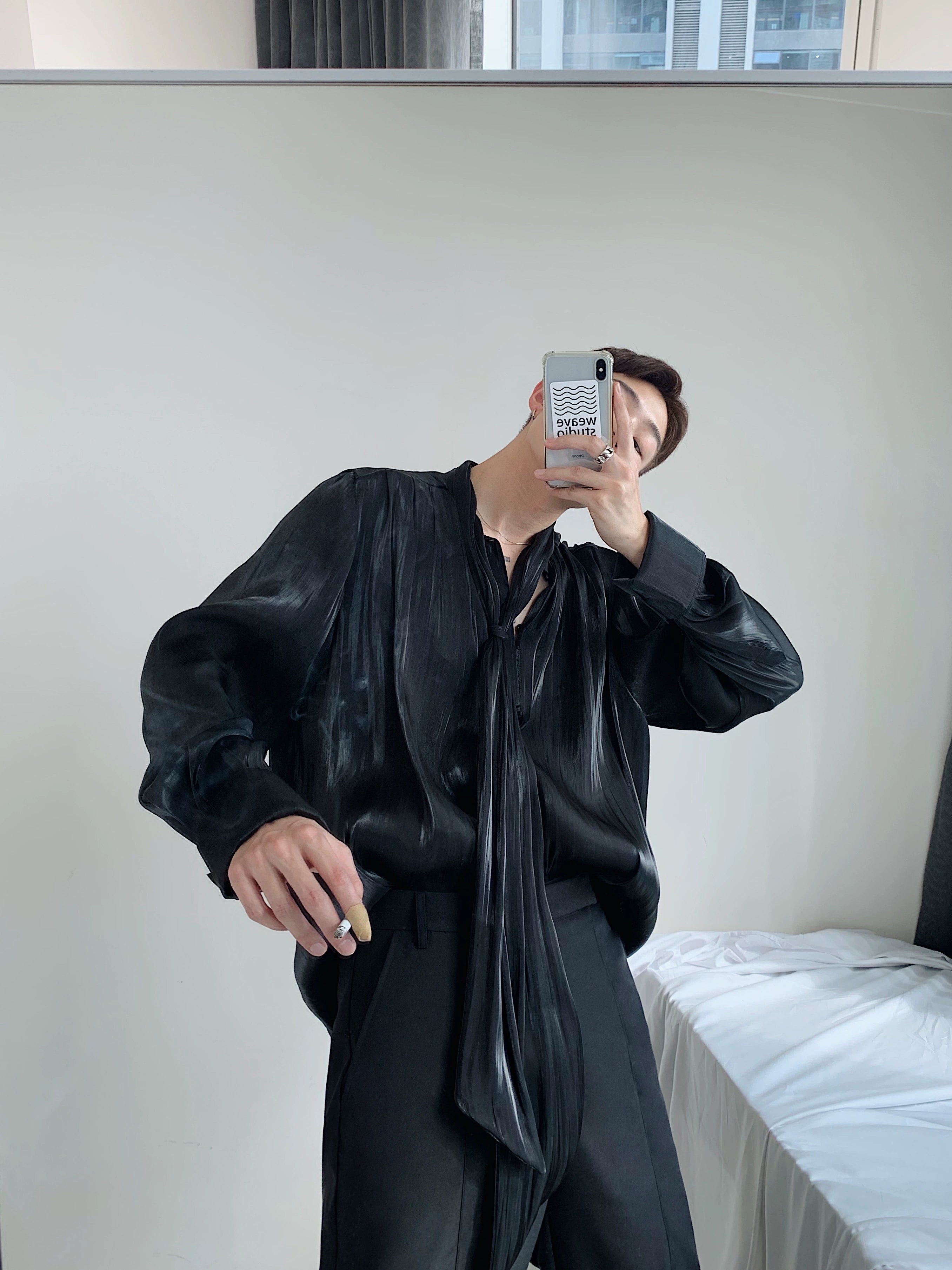 Black Draped Satin Wrap Blouse Top