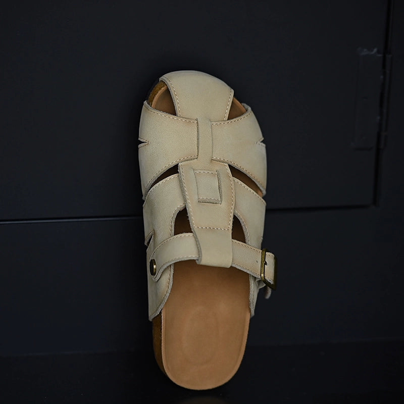 Beige Leather Buckle Strap Sandals