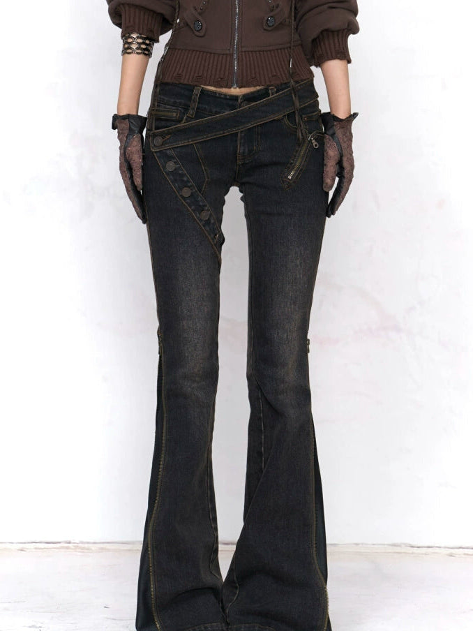 Crossline Zip Strap Flare Jeans