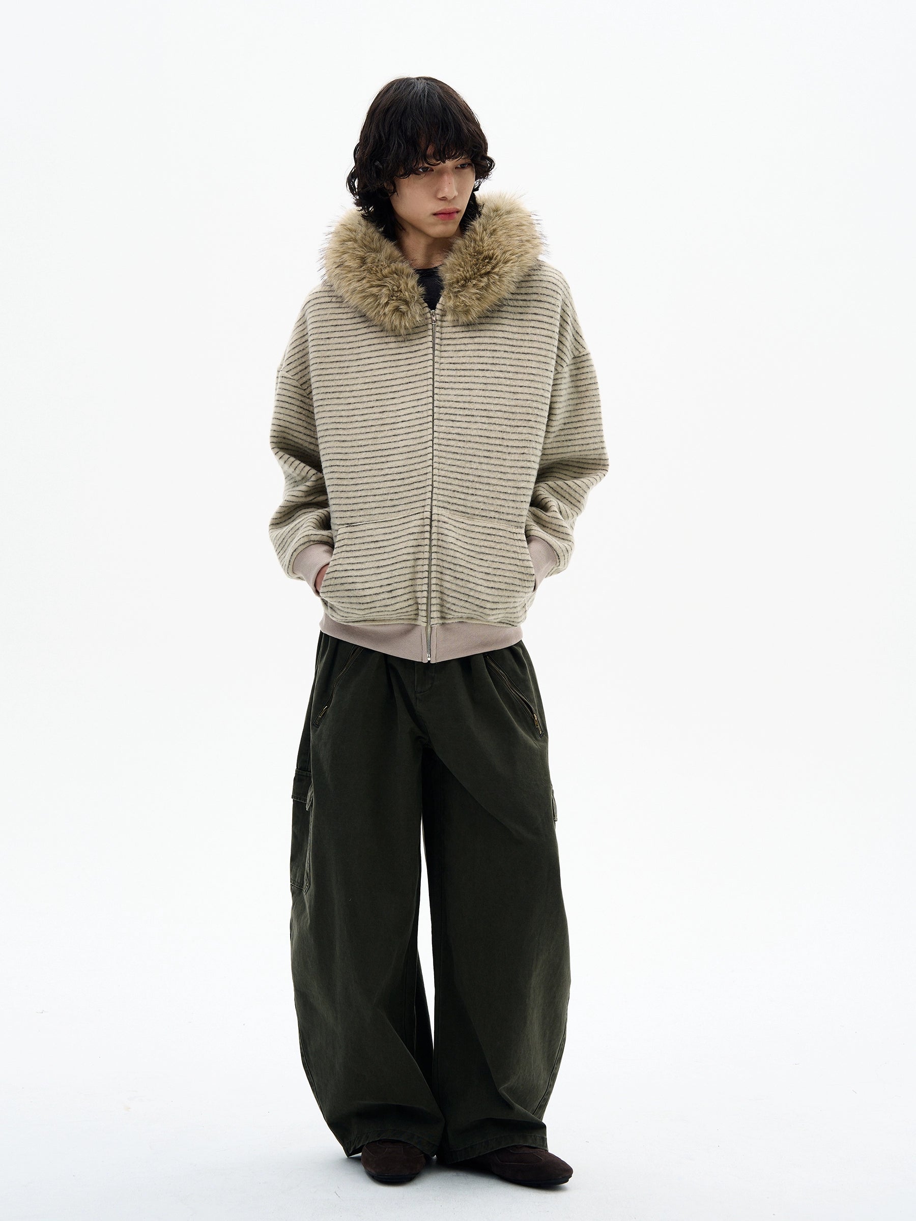 Striped Faux Fur Collar Zip Hoodie