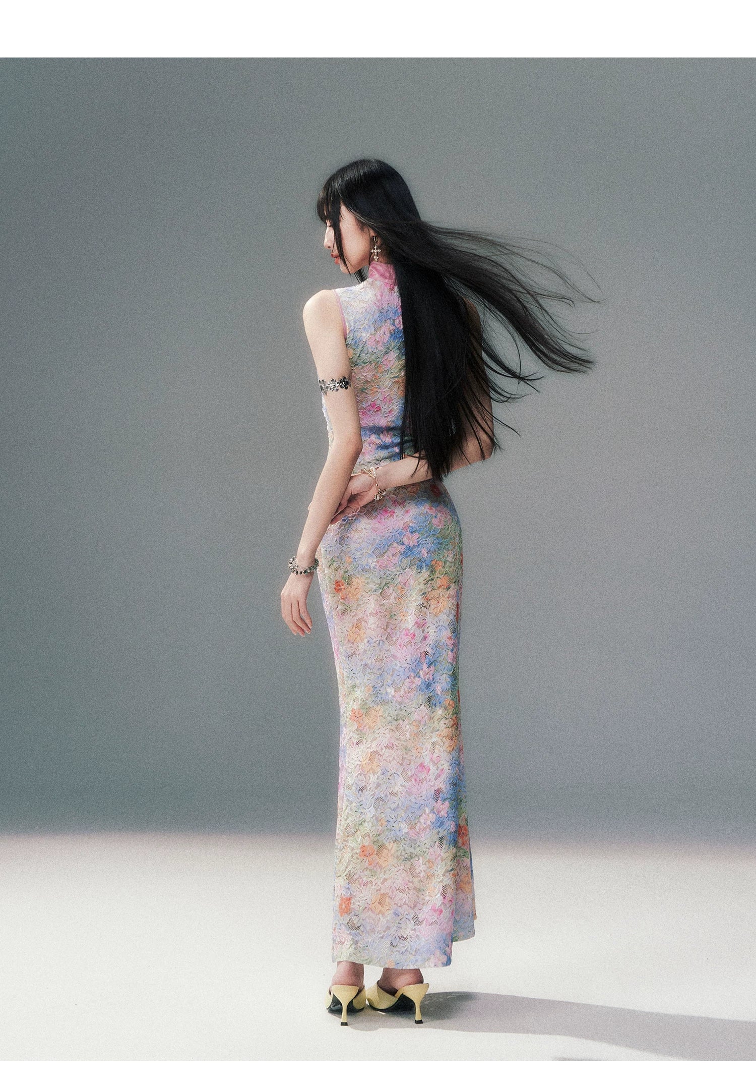 Aurora Petal Watercolor Cheongsam Maxi Dress