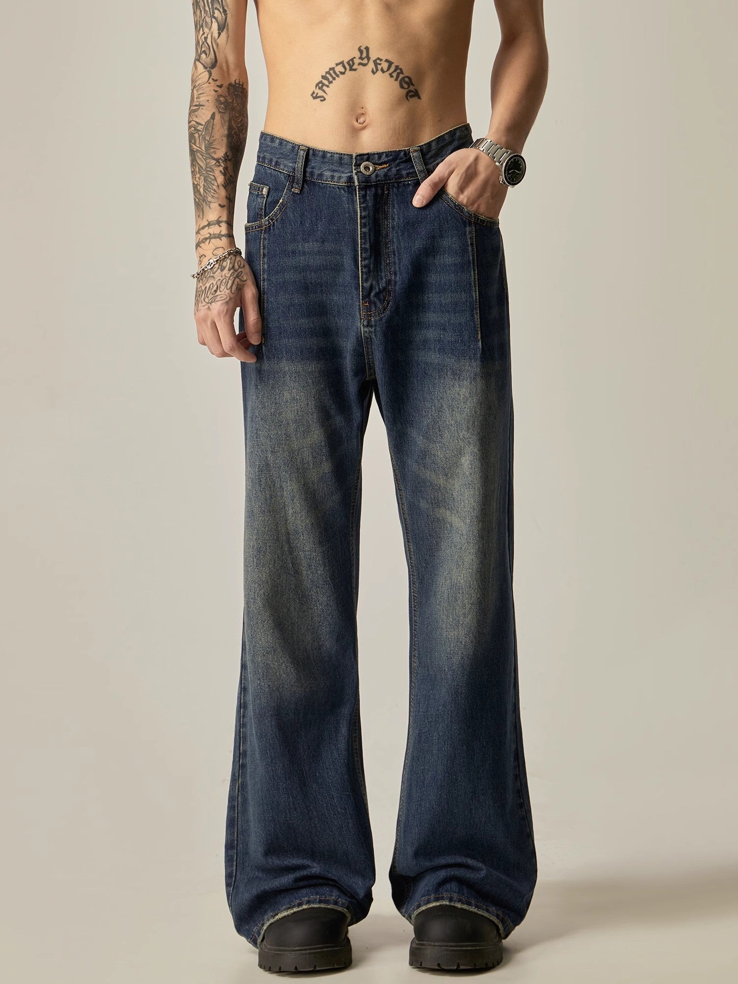 Vintage Wash Wide-Leg Flare Jeans