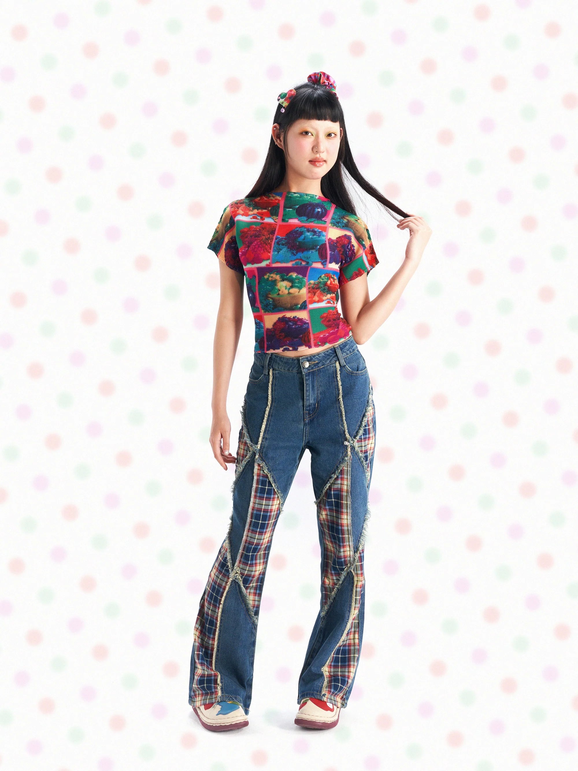 Digital Fruit Print Mesh Crop Top