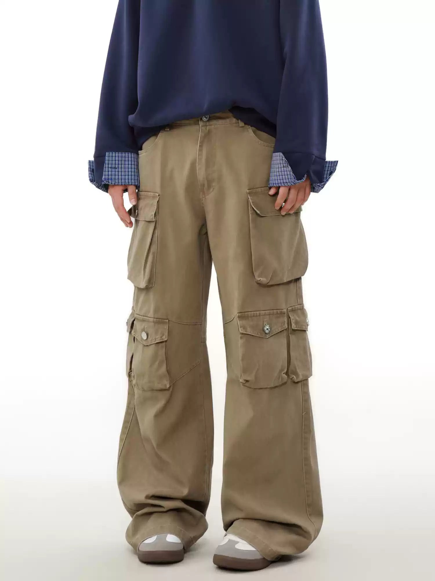 Multiple Utility Pockets Khaki Wide-Leg Cargo Pants