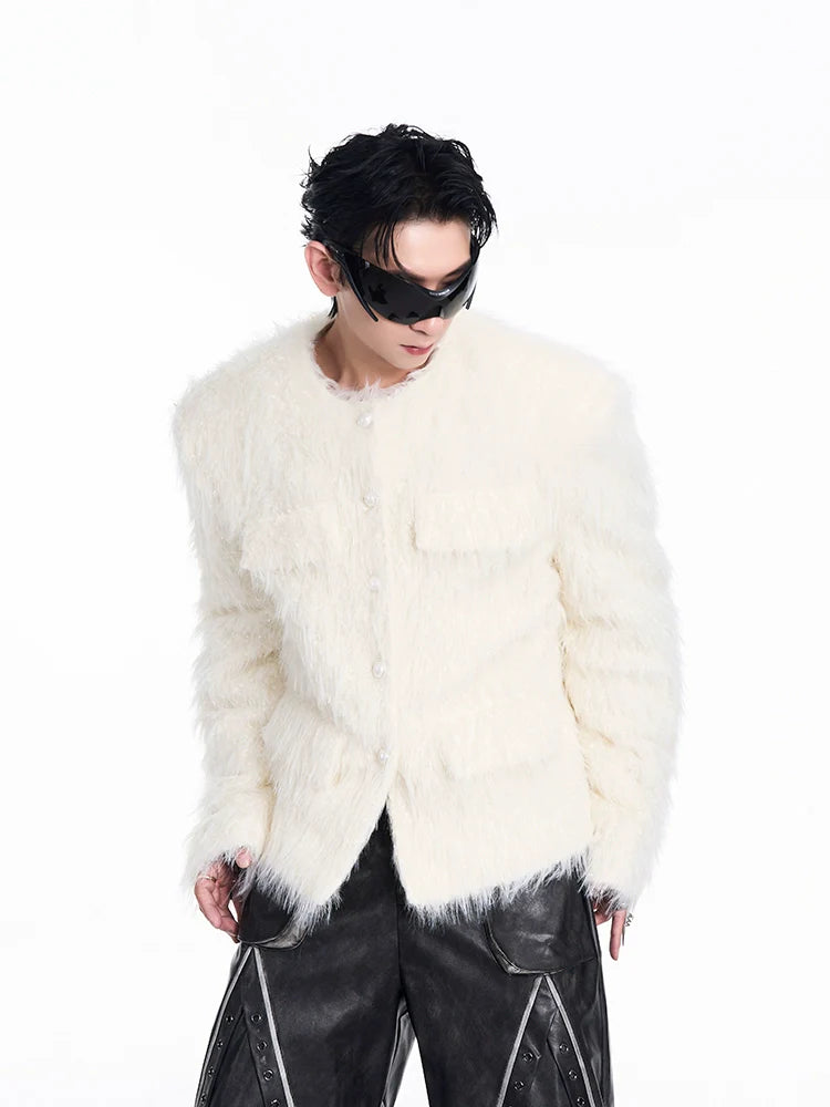 Shaggy Faux Fur Coat with Crystal Button Details