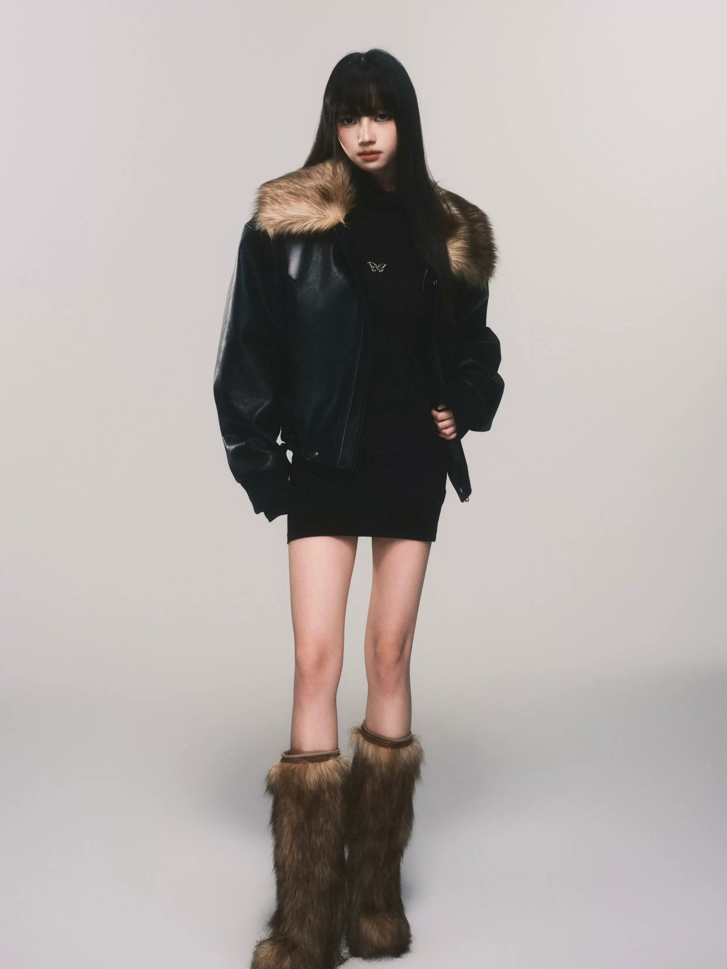 Midnight Aviator Faux‑Fur Bomber Jacket