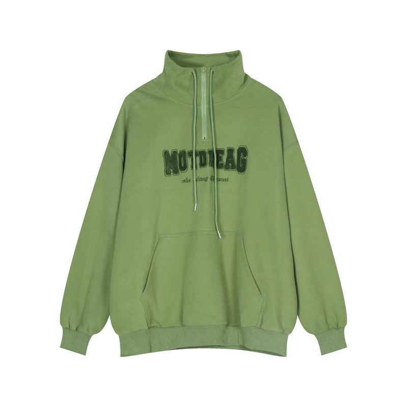 Quarter-Zip Mock Neck Sweatshirt with Embroidered Text