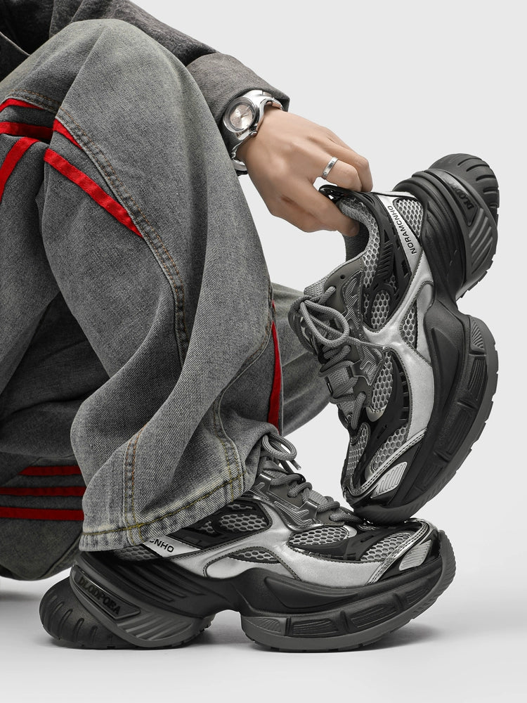 Chunky Futuristic Sneakers with Mesh Panels and Crisscross Detailing
