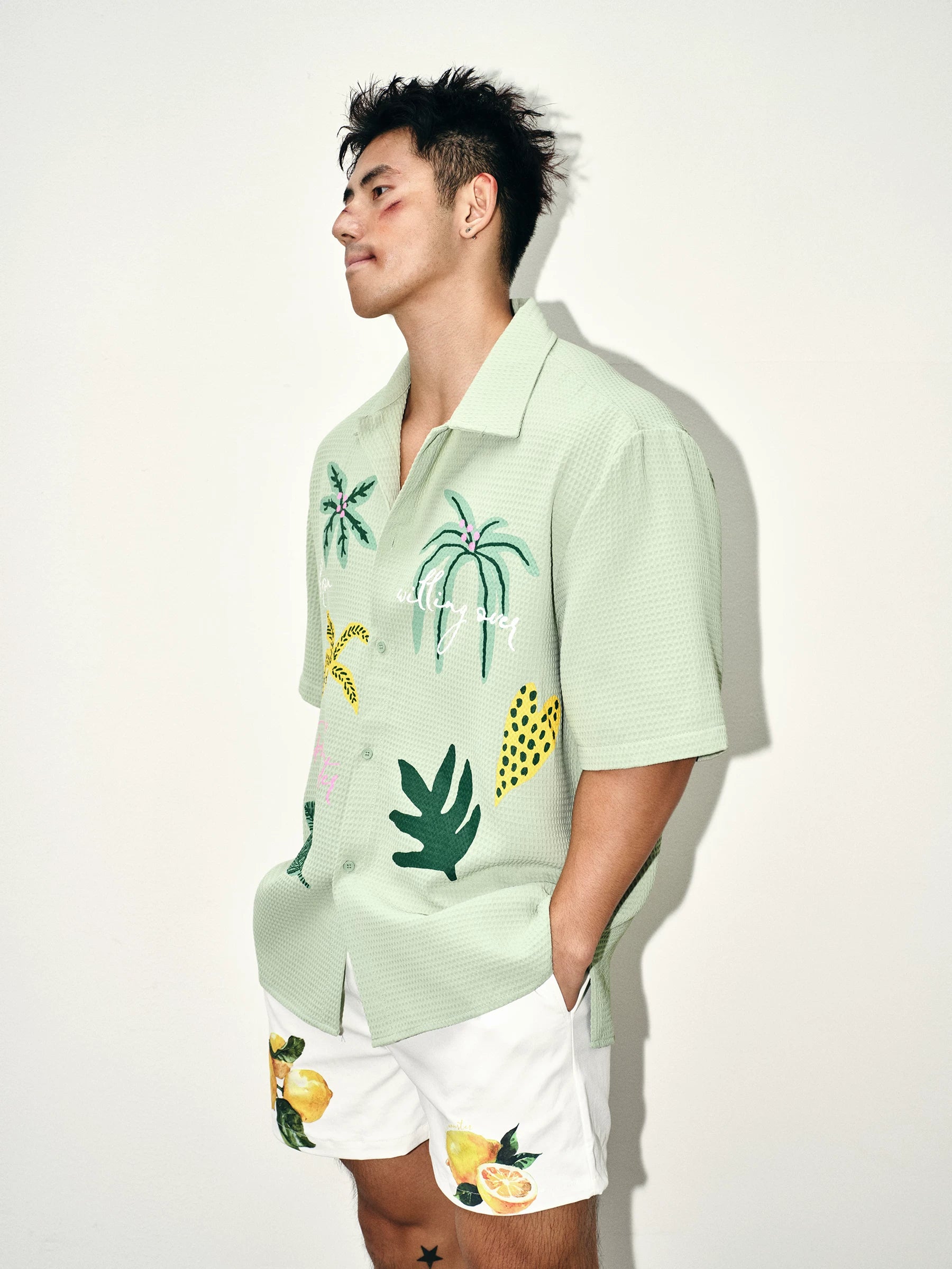 Mint Tropic Waffle Embroidered Camp Shirt