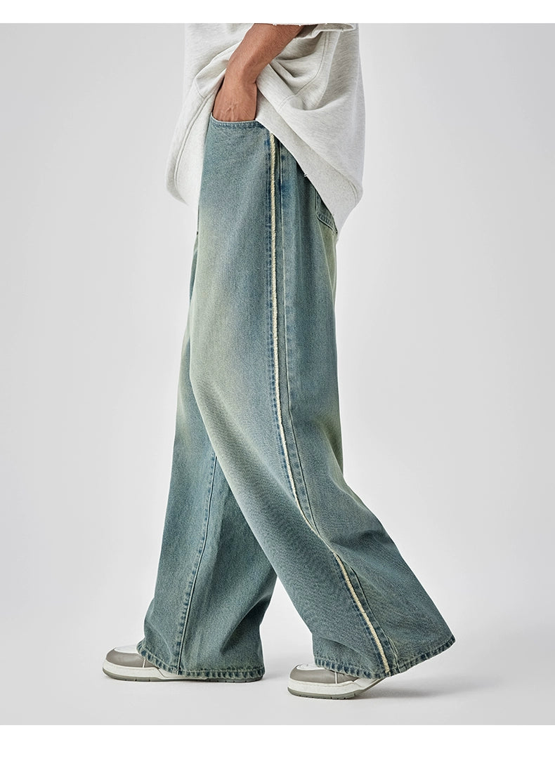 Casual Wide-Leg Denim Jeans With Distressed Wash And Frayed Hem - chiclara