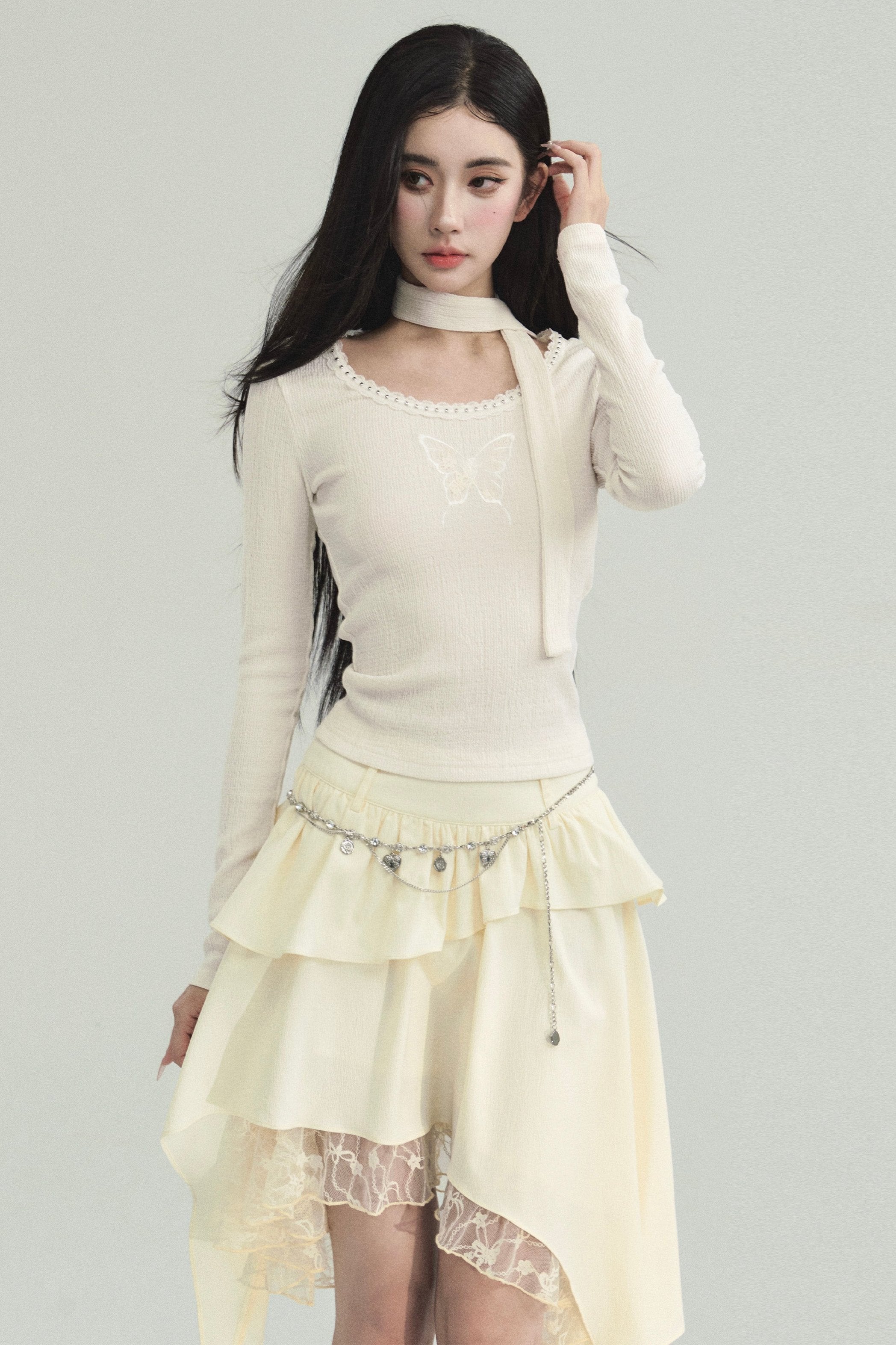 Ethereal Ivory Ensemble: Asymmetric Ruffled Midi Skirt & Choker-Neck Fitted Sweater Set