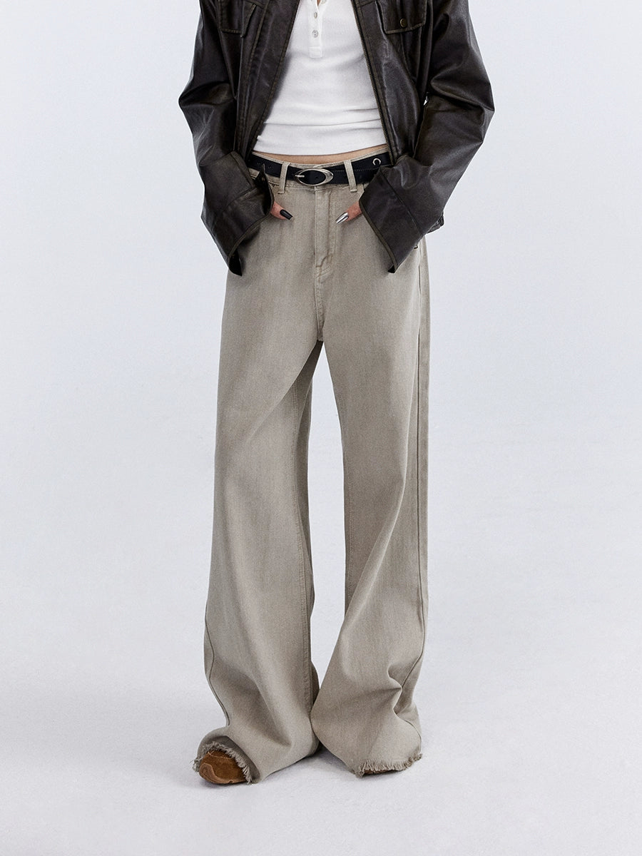 Sandstone Fringe Hem Wide‑Leg Jeans