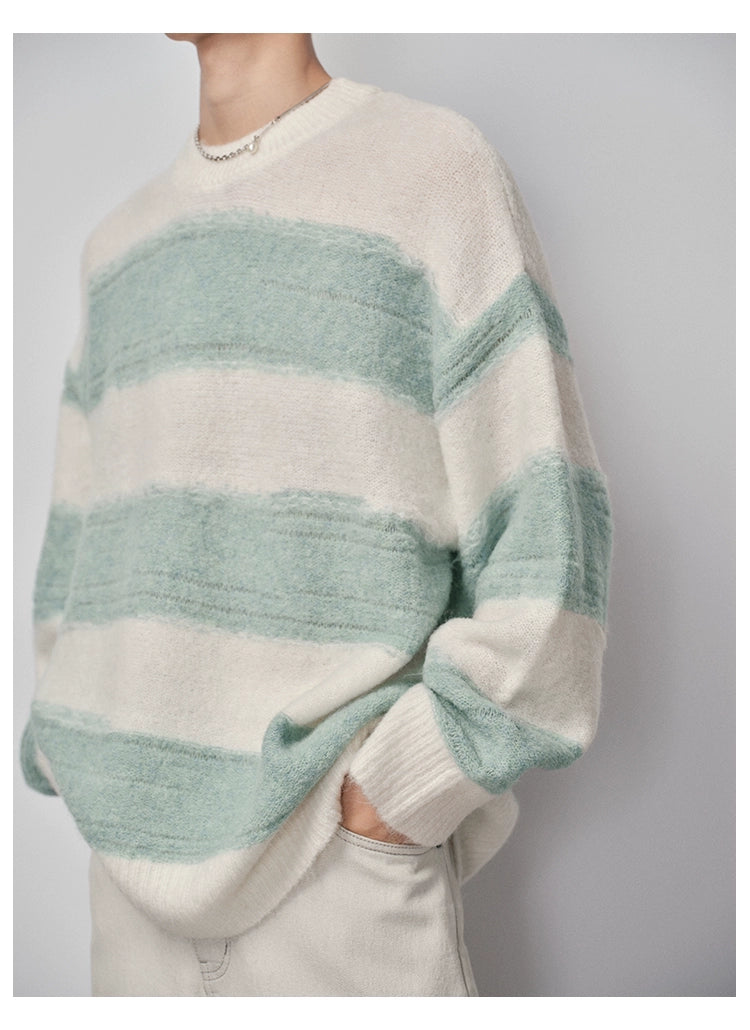 Irregular Wide-Striped Oversized Round Neck Sweater