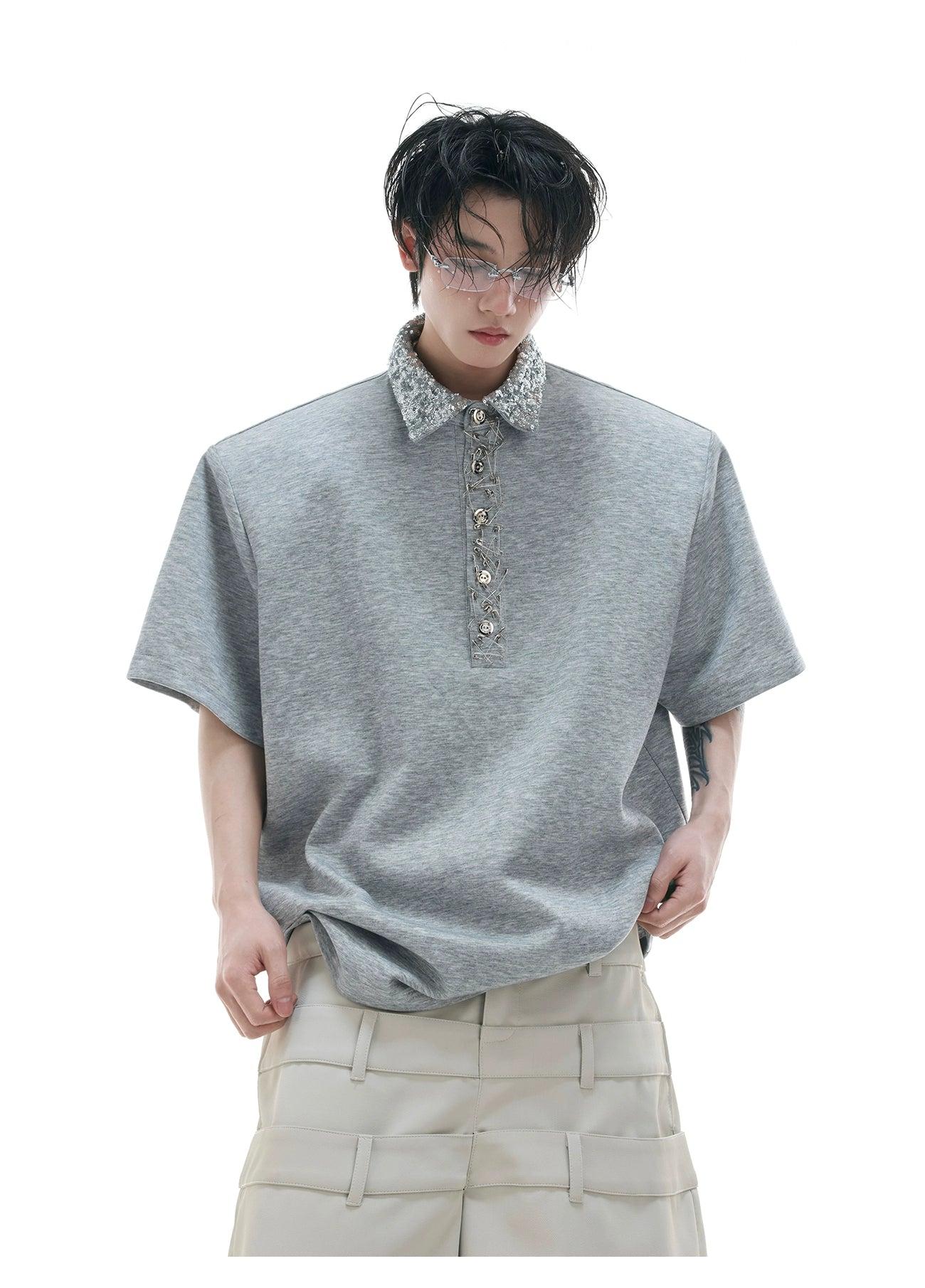 Grey Cotton Polo Shirt Short Sleeve