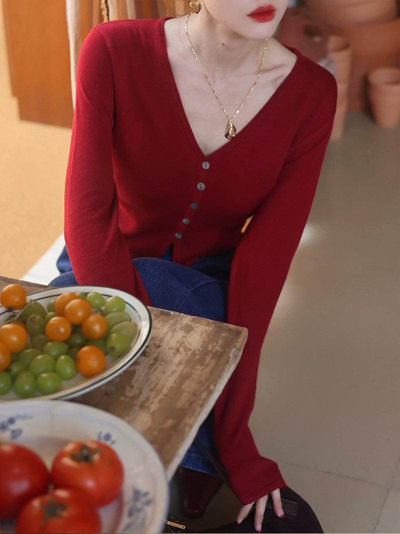 Red Cropped Button-Up Cardigan