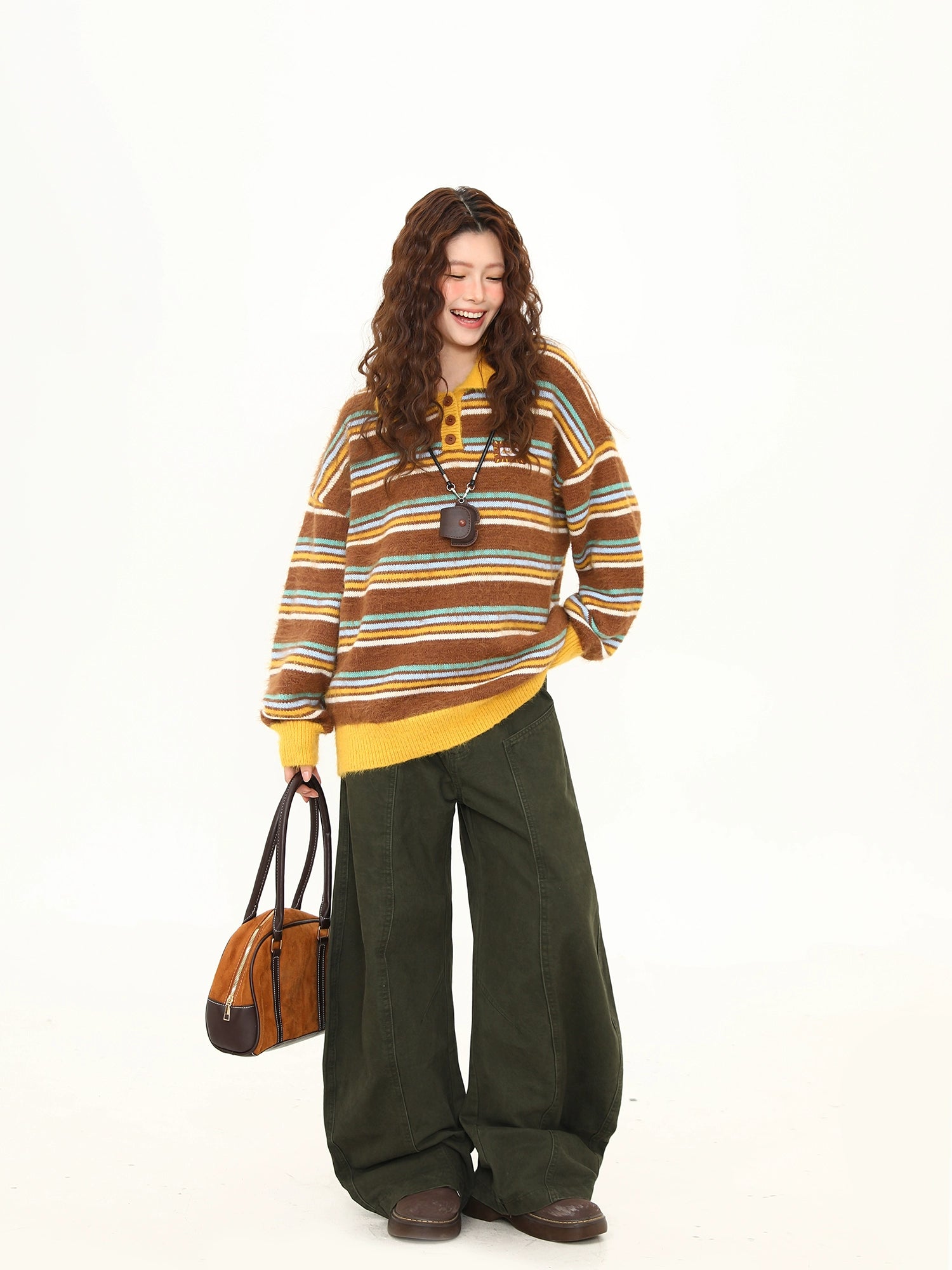 Retro Striped Fuzzy Knit Collared Sweater