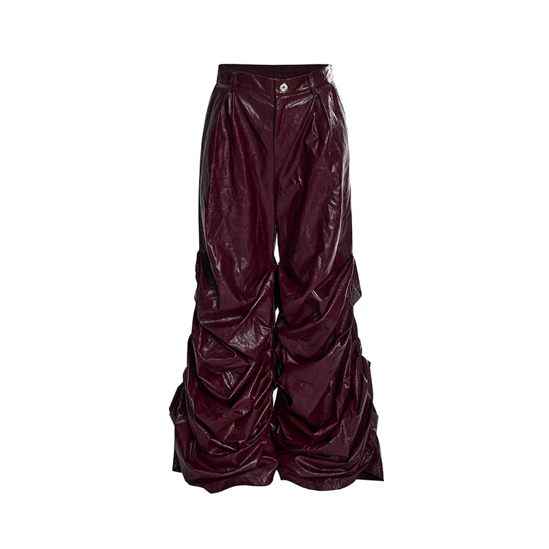 Ruched Faux PU Leather Wide-Leg Pants