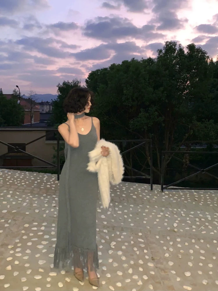 Sleeveless Knit Maxi Dress with Fringe Hem