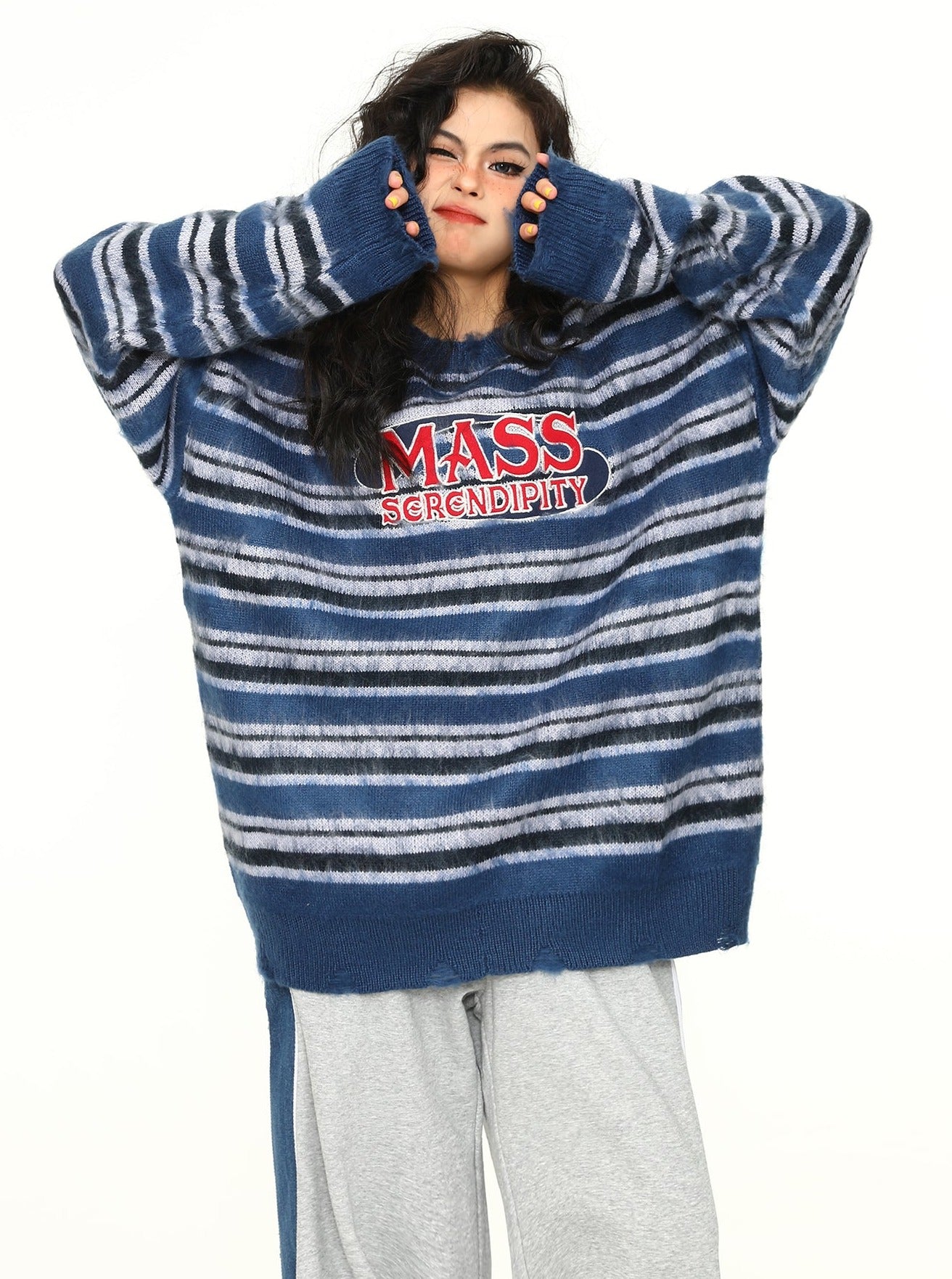 MASS SERENDIPITY Oversized Striped Knit Sweater