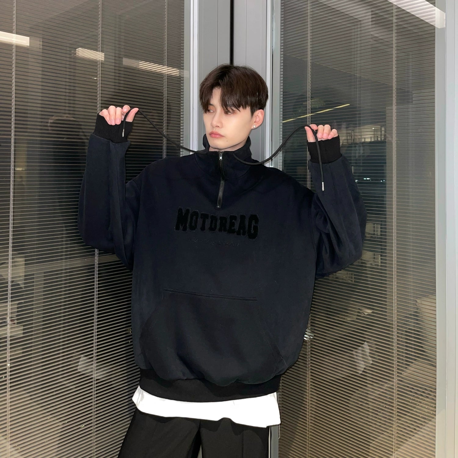Quarter-Zip Mock Neck Sweatshirt with Embroidered Text