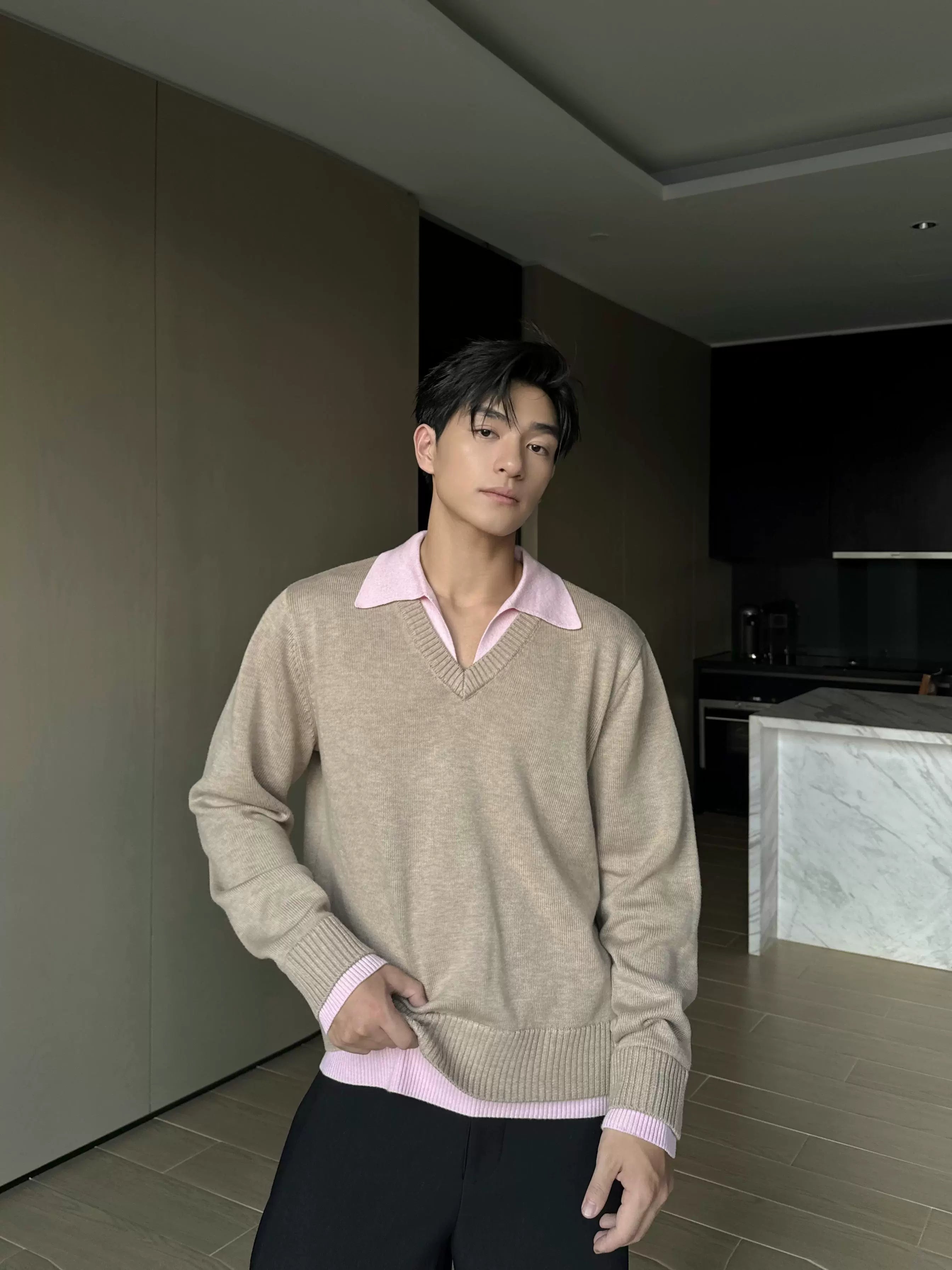 Classic Grey V-Neck Knit Wool Sweater
