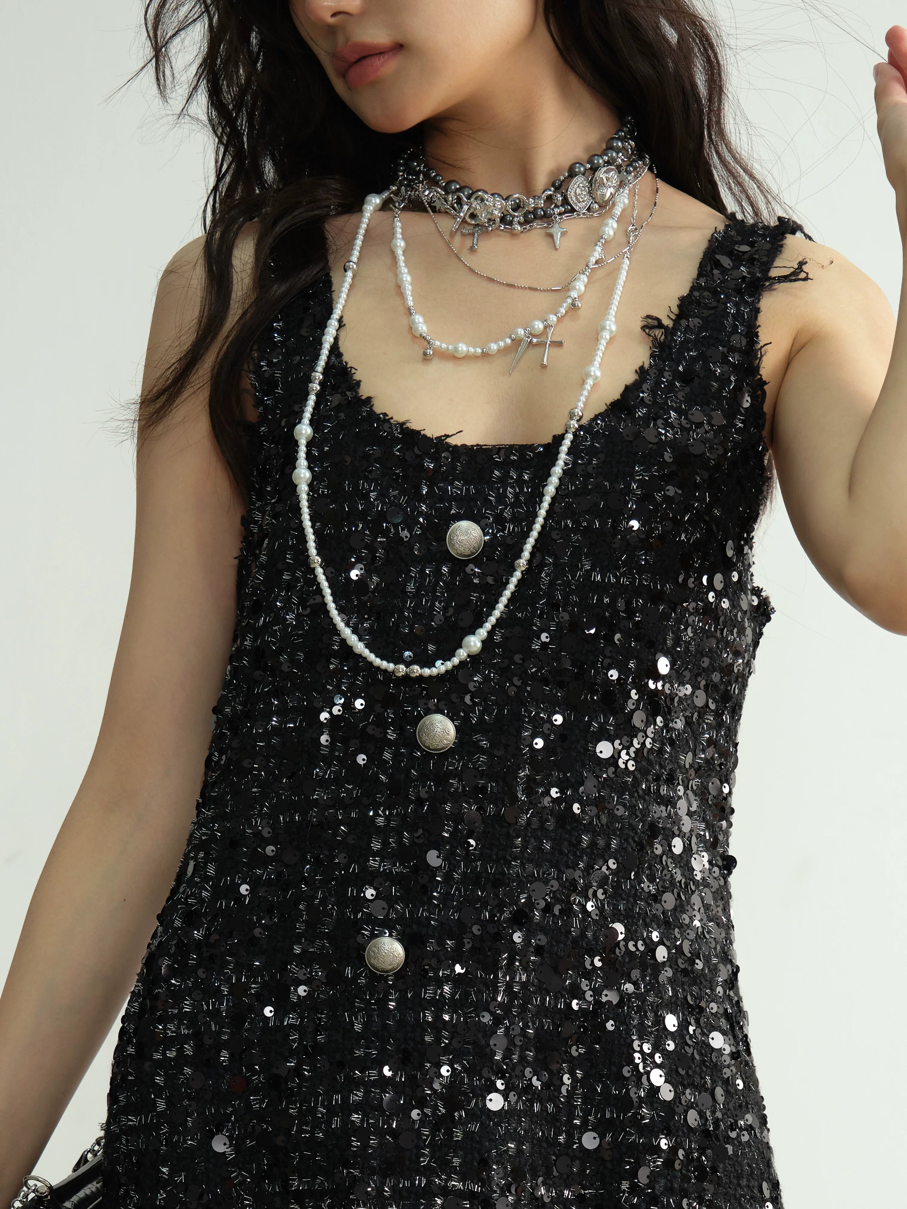 Black Sequin Tweed Tiered Mini Dress