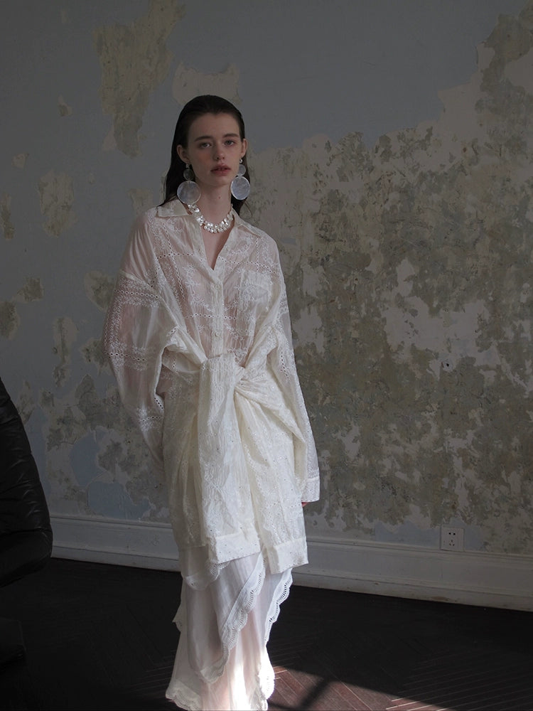 Sheer Lace Embroidered Shirt Dress