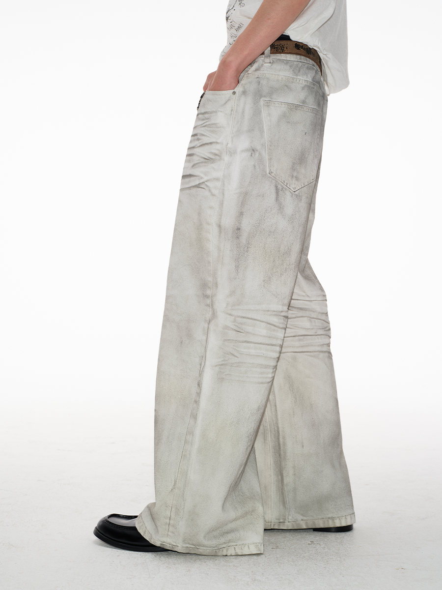 Faded White Ruched-Front Wide-Leg Jeans