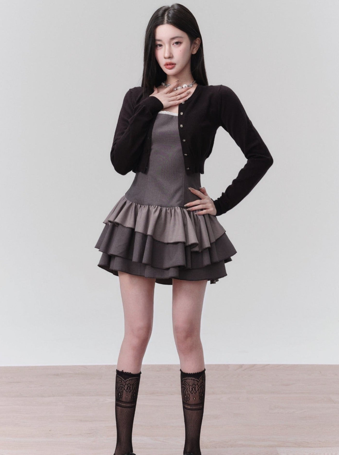 Charcoal Chic: Strapless Ruffle-Tier Mini Dress