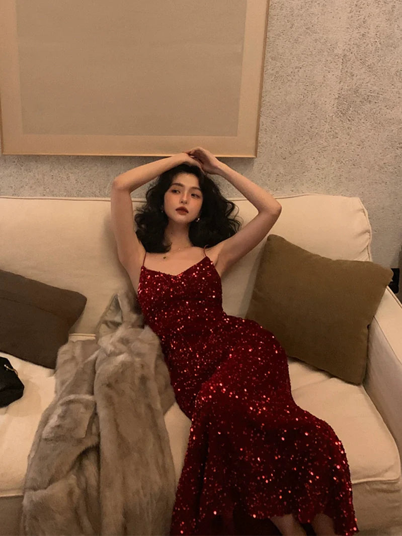 Sequin Spaghetti Strap Long Gown