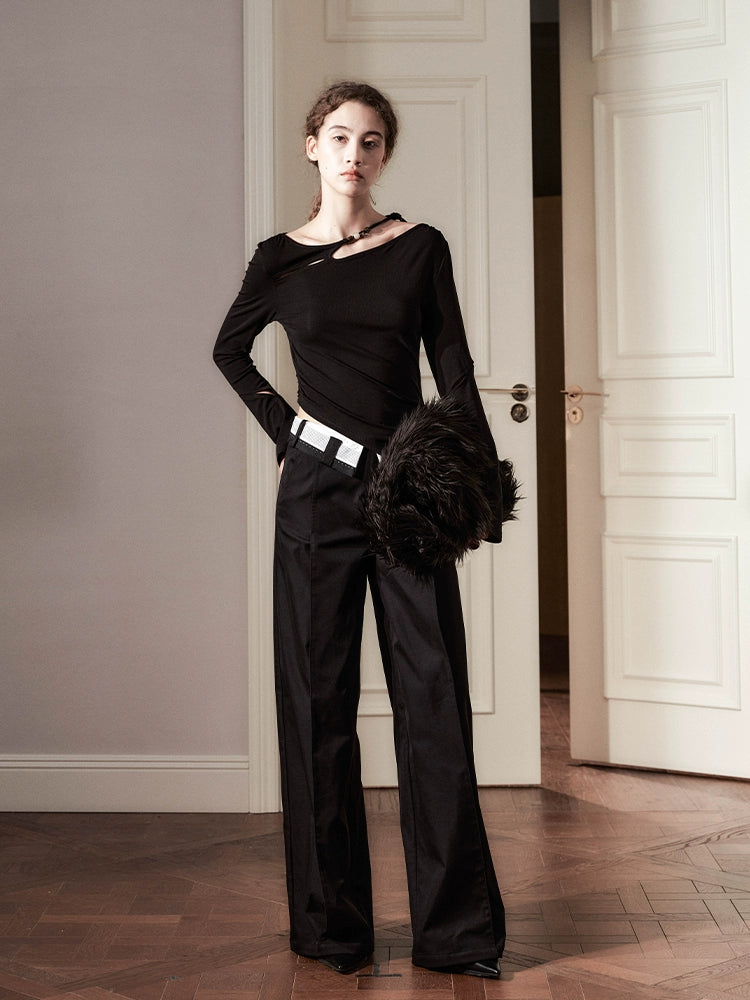 Asymmetrical Sheer Long Sleeve Top with Beaded Strap