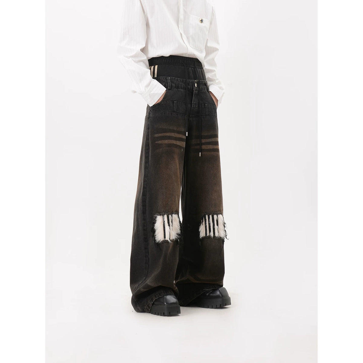 Faux Fur Patch Wide Leg Jeans