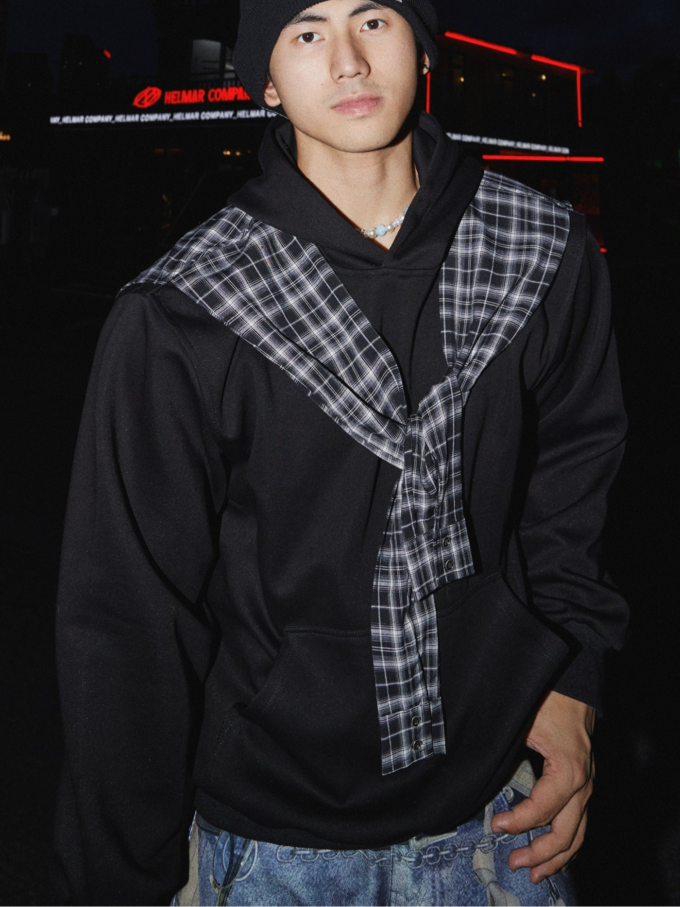 Hoodie with Plaid Scarf Detail