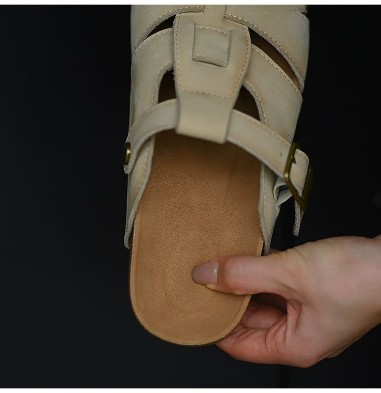 Beige Leather Buckle Strap Sandals