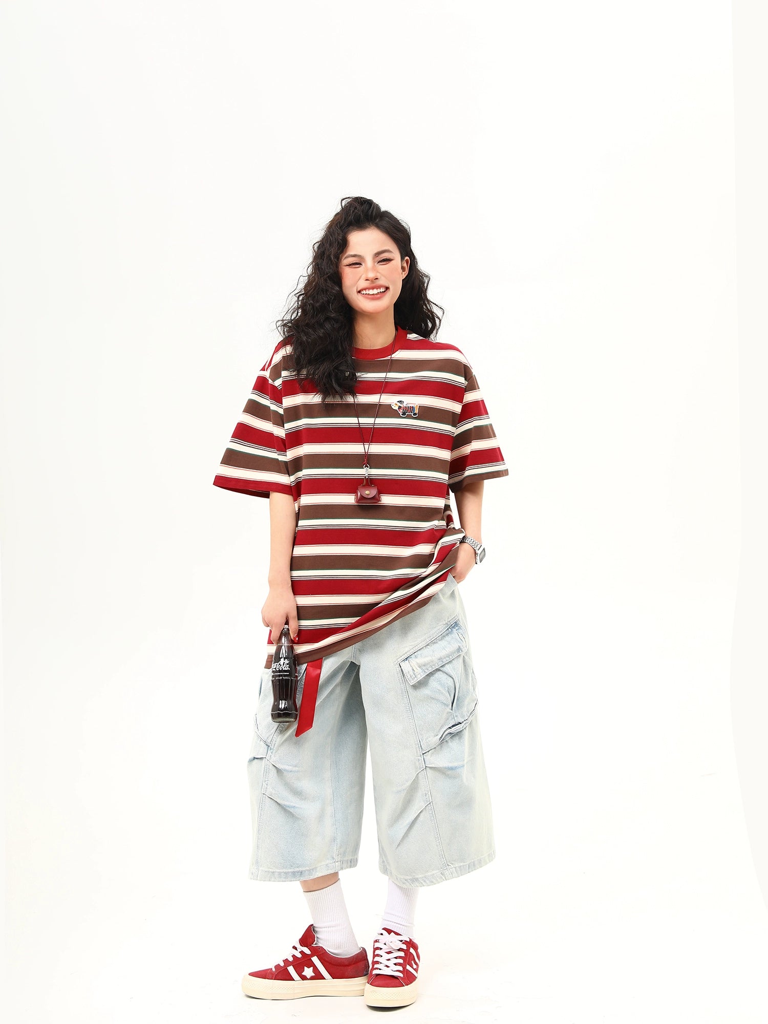 Brown and Red Striped Oversized Tee